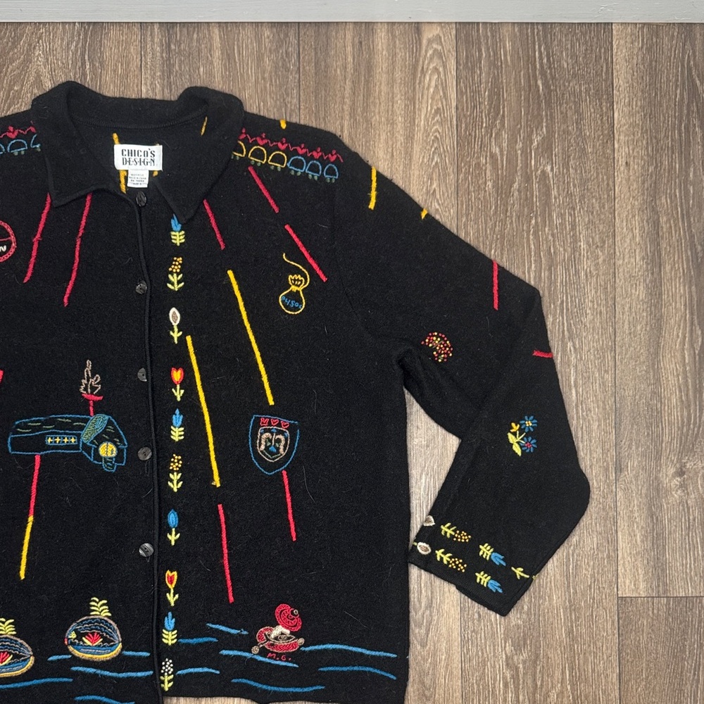 Chico's Black Cardigan with Multicolor Embroidery Sweater Women’s Size 2 - Picture 3 of 14